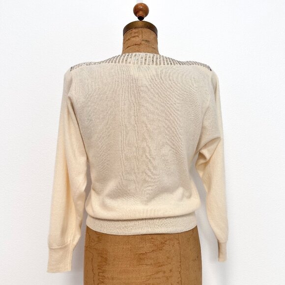 Vintage 80s Anne Klein Cream Lambswool Angora Beaded Batwing Sweater Size Medium - Picture 6 of 13